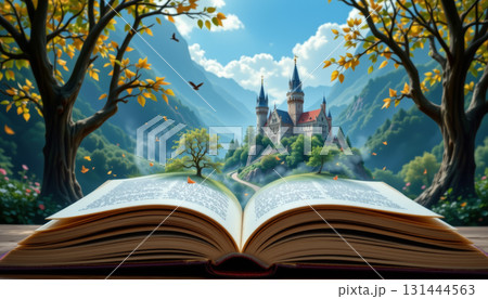 Open book story castle fantasy mountain tree autumn landscape magical sunlight. An enchanting scene with fairytale castle and vibrant nature 131444563