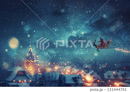 サンタクロースが空を駆ける冬の夜空と街の風景 雪が舞う幻想的なクリスマス背景 サンタクロースが空を駆ける冬の夜空と街の風景 雪が舞う幻想的なクリスマス背景 131444791