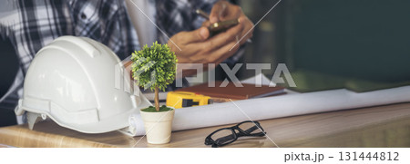 Banner civil construction engineer teams meeting on construction site. Partner team engineering foreman teamwork consult together. Panorama group engineer office meeting partnership with copy space 131444812