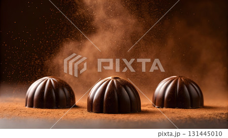 Chocolate treats surrounded by a dusting of cocoa powder on a dark, elegant background 131445010