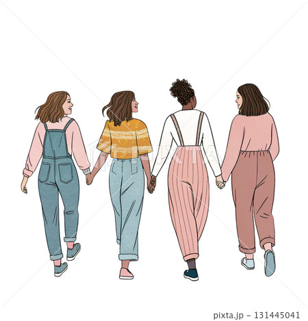 women walking hand in hand viewed from the back wearing modern jumpsuits 131445041