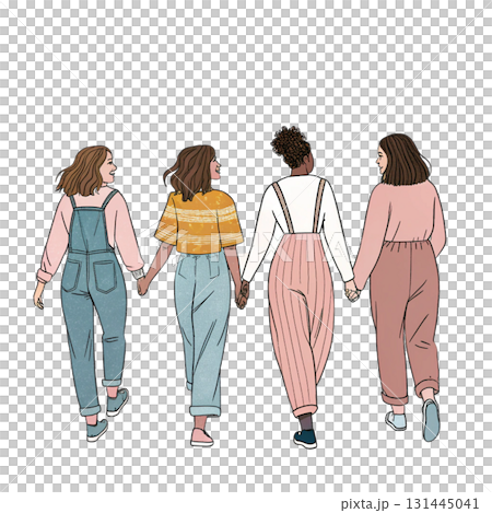 women walking hand in hand viewed from the back wearing modern jumpsuits 131445041
