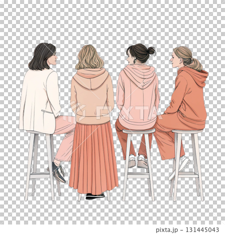 women walking hand in hand viewed from the back wearing modern jumpsuits women walking hand in hand viewed from the back wearing modern jumpsuits 131445043