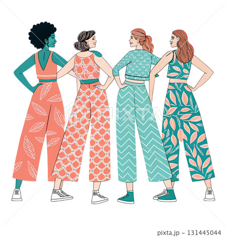 women walking hand in hand viewed from the back wearing modern jumpsuits 131445044