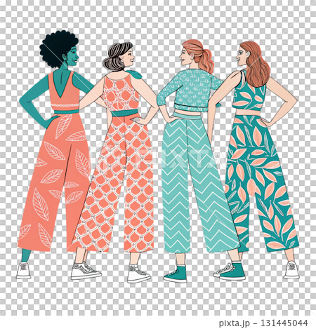 women walking hand in hand viewed from the back wearing modern jumpsuits 131445044