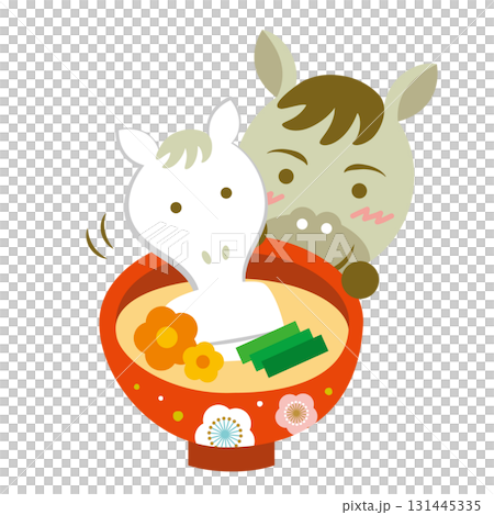 Illustration of a cute horse and zoni (rice cake) Year of the Horse Zodiac New Year's card Illustration of a cute horse and zoni (rice cake) Year of the Horse Zodiac New Year's card 131445335