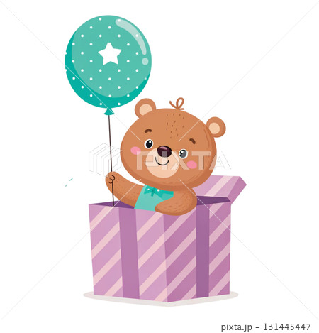 A cute cartoon bear popping out of a pastel yellow gift box with white polka dots holding a light blue balloon decorated with silver stars A cute cartoon bear popping out of a pastel yellow gift box with white polka dots holding a light blue balloon decorated with silver stars 131445447