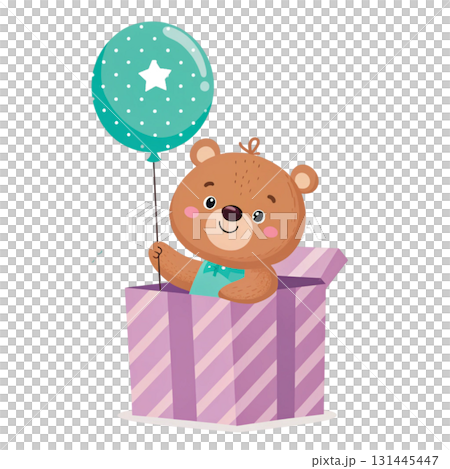A cute cartoon bear popping out of a pastel yellow gift box with white polka dots holding a light blue balloon decorated with silver stars A cute cartoon bear popping out of a pastel yellow gift box with white polka dots holding a light blue balloon decorated with silver stars 131445447
