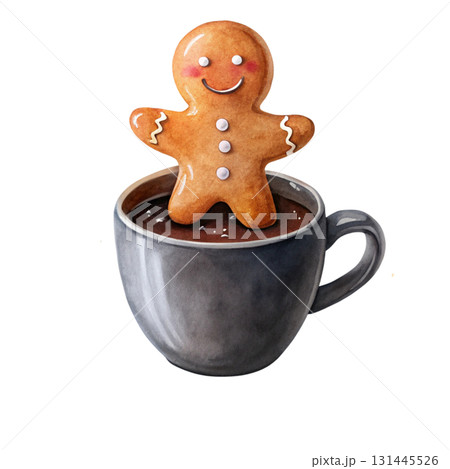 A cute gingerbread man cookie sitting inside a hot cocoa mug topped with white dripping cream 131445526