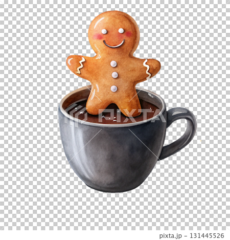 A cute gingerbread man cookie sitting inside a hot cocoa mug topped with white dripping cream A cute gingerbread man cookie sitting inside a hot cocoa mug topped with white dripping cream 131445526