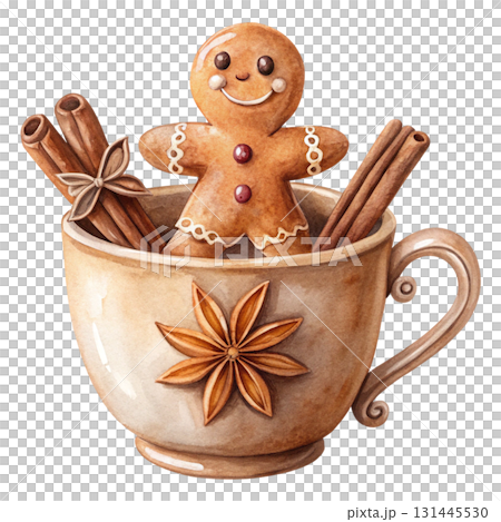 A cute gingerbread man cookie sitting inside a hot cocoa mug topped with white dripping cream 131445530