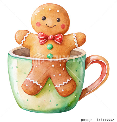 A cute gingerbread man cookie sitting inside a hot cocoa mug topped with white dripping cream 131445532