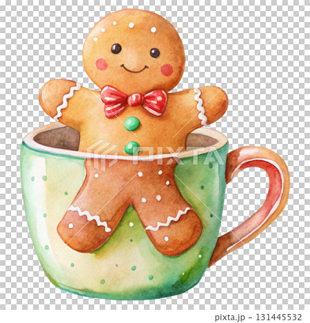 A cute gingerbread man cookie sitting inside a hot cocoa mug topped with white dripping cream 131445532
