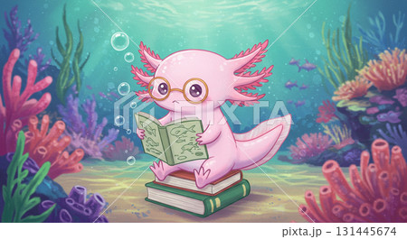 読書をしているゆる可愛いウーパールーパー 読書をしているゆる可愛いウーパールーパー 131445674