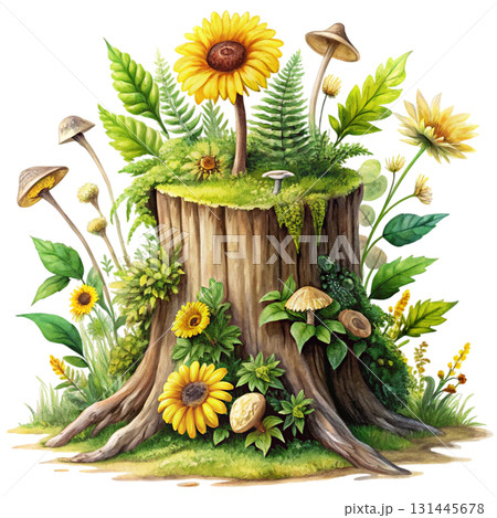 A mossy ancient tree stump with bright flowers blooming from its cracks 131445678