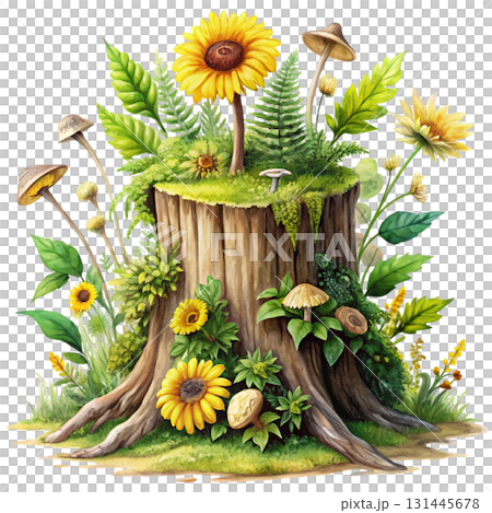 A mossy ancient tree stump with bright flowers blooming from its cracks 131445678