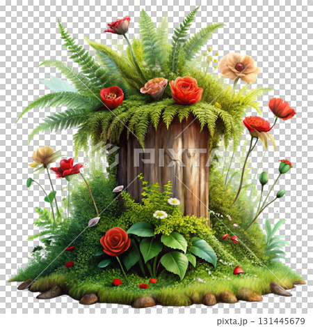A mossy ancient tree stump with bright flowers blooming from its cracks A mossy ancient tree stump with bright flowers blooming from its cracks 131445679