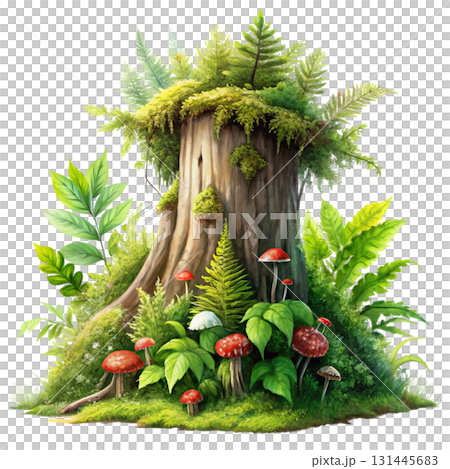 A mossy ancient tree stump with bright flowers blooming from its cracks 131445683