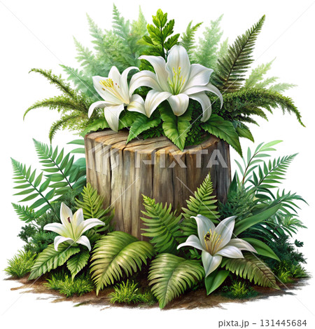 A mossy ancient tree stump with bright flowers blooming from its cracks 131445684
