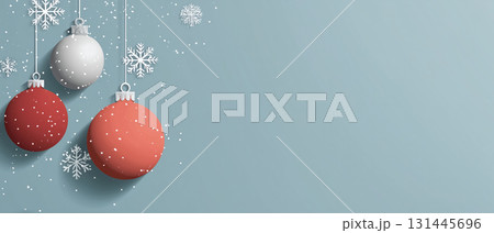 Three red and silver Christmas balls with snowflakes 131445696