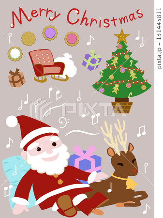 トナカイと一緒にいい気持ちで歌を歌うサンタさん　クリスマスイラスト 131445811