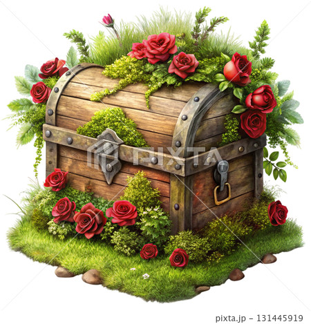 mystical old treasure chest covered in moss and small wildflowers 131445919