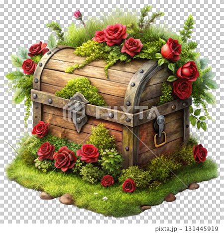 mystical old treasure chest covered in moss and small wildflowers 131445919