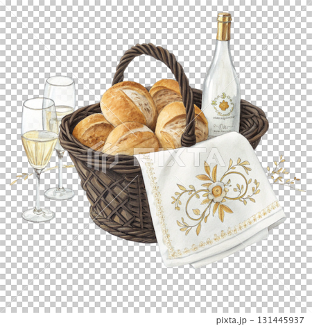 A wicker basket filled with freshly baked bread rolls baguettes and sweet buns 131445937