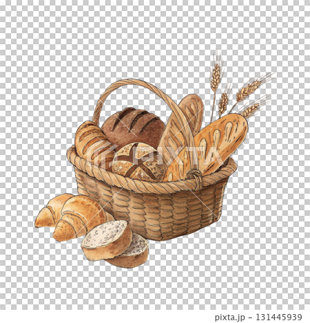 A wicker basket filled with freshly baked bread rolls baguettes and sweet buns 131445939
