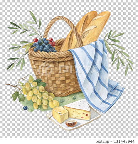 A wicker basket filled with freshly baked bread rolls baguettes and sweet buns 131445944