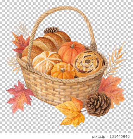 A wicker basket filled with freshly baked bread rolls baguettes and sweet buns 131445946