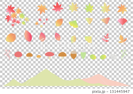 Autumn-themed illustration set icons: autumn leaves, green maples, ginkgo leaves 131445947