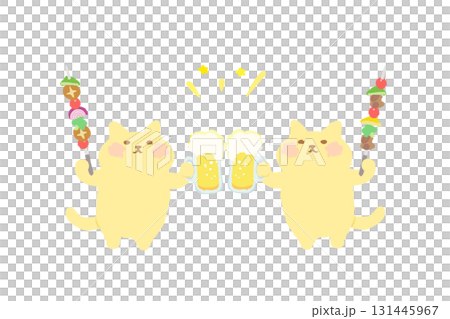 BBQ — 手繪插圖:一隻可愛的貓用啤酒和燒烤串敬酒 BBQ — 手繪插圖:一隻可愛的貓用啤酒和燒烤串敬酒 131445967