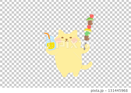 BBQ — 手繪插圖,一隻可愛的貓用飲料和燒烤串敬酒 BBQ — 手繪插圖,一隻可愛的貓用飲料和燒烤串敬酒 131445968