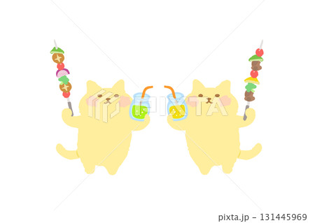 BBQ・ドリンクとバーべキュー串を持って乾杯するかわいい猫の手描きイラスト素材 BBQ・ドリンクとバーべキュー串を持って乾杯するかわいい猫の手描きイラスト素材 131445969