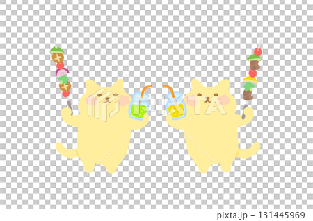 BBQ — 手繪插圖,一隻可愛的貓用飲料和燒烤串敬酒 BBQ — 手繪插圖,一隻可愛的貓用飲料和燒烤串敬酒 131445969