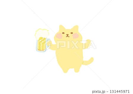 ビールを持って乾杯するかわいい猫の手描きイラスト素材 131445971
