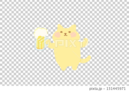 ビールを持って乾杯するかわいい猫の手描きイラスト素材 131445971