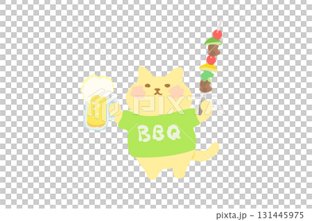 BBQ — 手繪插圖:一隻可愛的貓用啤酒和燒烤串敬酒 BBQ — 手繪插圖:一隻可愛的貓用啤酒和燒烤串敬酒 131445975