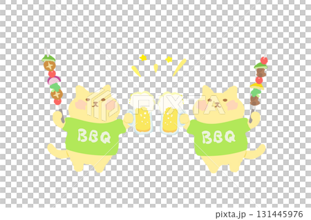 BBQ — 手繪插圖:一隻可愛的貓用啤酒和燒烤串敬酒 BBQ — 手繪插圖:一隻可愛的貓用啤酒和燒烤串敬酒 131445976
