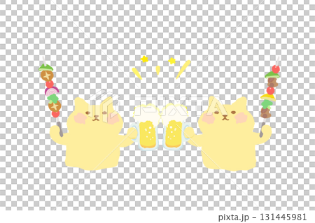 BBQ — 手繪插圖：一隻可愛的貓用啤酒和燒烤串敬酒 131445981