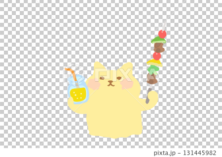 BBQ - Hand-drawn illustration of a cute cat toasting with a drink and barbecue skewers 131445982