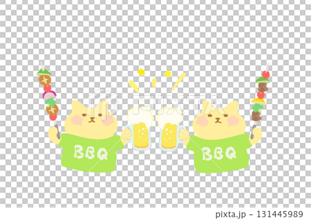 BBQ - Hand-drawn illustration of a cute cat toasting with beer and barbecue skewers 131445989