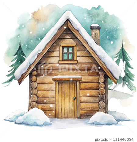 Cute watercolor winter cabin uneven lines playful brush strokes snowy roof simple pine trees white background 131446054