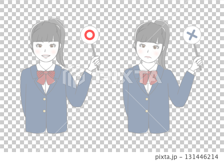 A female student holding a check mark and cross mark board 131446214