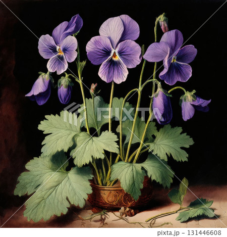 an AI Image Generator, Vivid Purple Pansies in a Decorative Pot Against 131446608