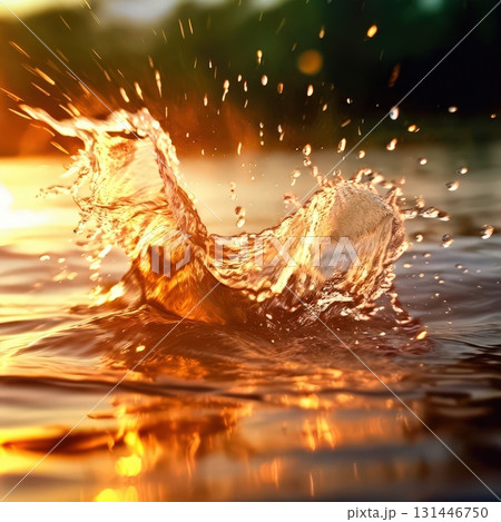 an AI Image Generator, Dynamic Water Splash at Sunset with Fiery Reflections i 131446750