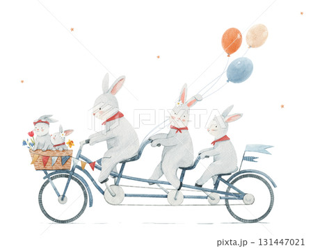Cute watercolor rabbits riding tandem bicycle with balloons and flowers. Hand painted nursery wall art, kids poster, baby shower and playful decor. Cute watercolor rabbits riding tandem bicycle with balloons and flowers. Hand painted nursery wall art, kids poster, baby shower and playful decor. 131447021