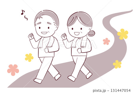 ウォーキングするシニアの男女 131447054