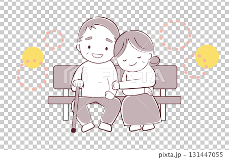 ベンチに座って寄り添うシニアの夫婦 131447055